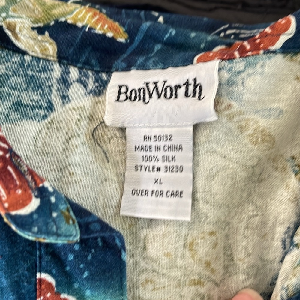 BonWorth Blue Turtle Print Casual Button Down Silk Shirt - Picture 2 of 4